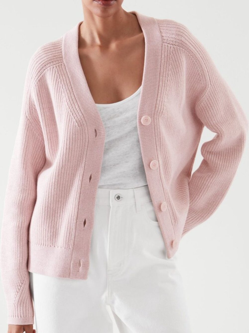 COS Ribbed V‑Neck Cardigan Light Pink S